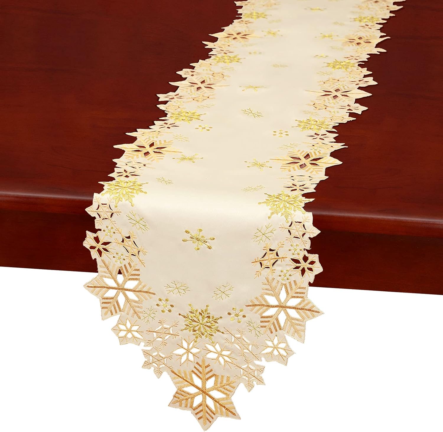 Simhomsen Embroidered Gold Snowflakes Table Runners for Christmas Holiday and Winter (Gold, 14×90 inches) - Image 5