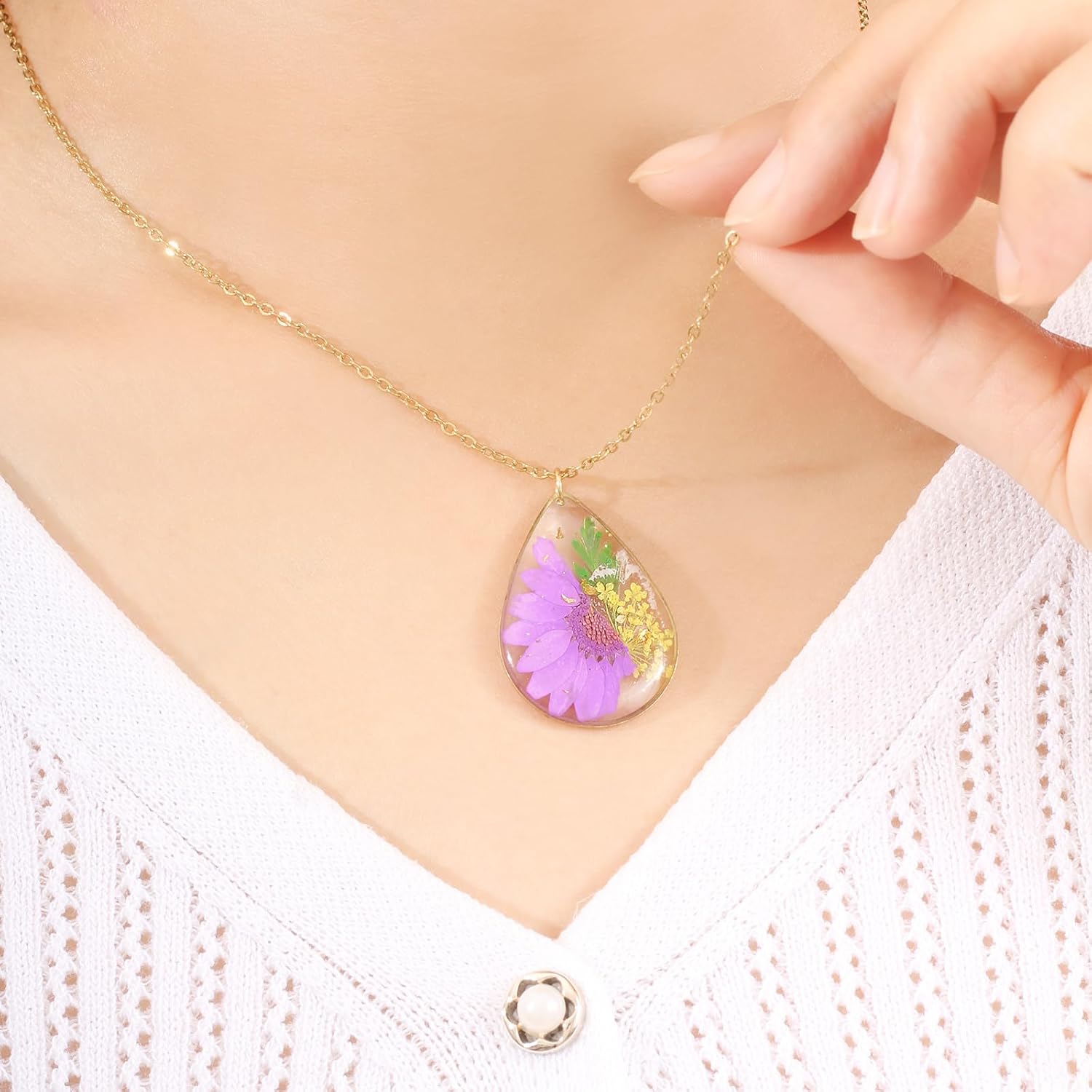 Handmade Pressed Flower Necklace - Birth Flower Necklace - October Flower Language - Elegant & noble - Great Gift for Women - Gold - 18” - Image 5