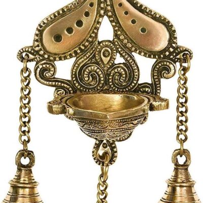 Aakrati Decorative Wall Hanging Brass Diya, oil lamd, deepam with bells in Glossy Black Antique Finished