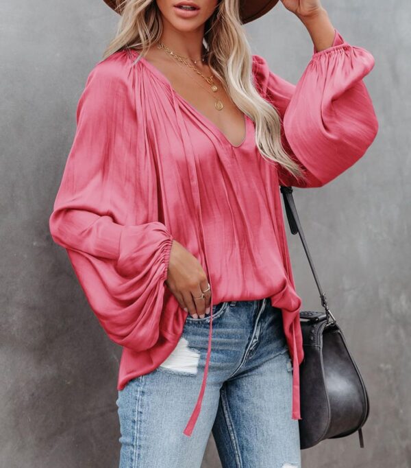 LAMISSCHE Womens Sexy Deep V Neck Blouse Lantern Long Sleeve Chiffon Shirt Oversized Drawstring Silk Satin Tunic - Image 4