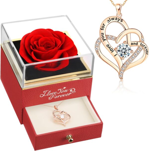 WILDLOVE Forever Real Rose with Heart Necklace, Preserved Flowers Gifts for Mom, Wife and Girlfriend on Christmas, Valentine's Day, Mother's Day, Birthday for Women Her - Red