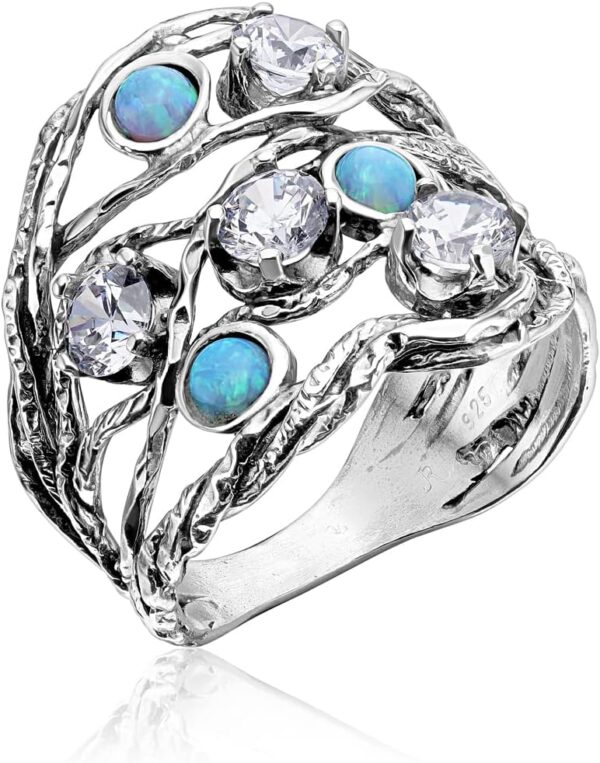 925 Sterling Silver Ring With 3 Blue Round Opal and 4 White Round Cubic Zirconia, Boho Chic Vintage Look, Hypoallergenic, Nickel and Lead-free, Artisan Handcrafted Designer collection, Made In Israel