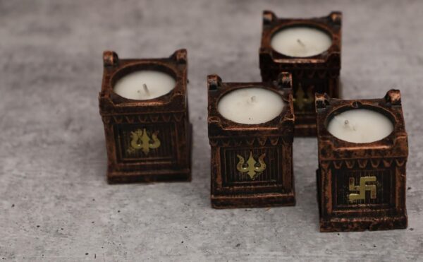 4 Pc Set Tulsi Decorated Clay Diya Wax Filled Dia for Diwali Puja Pooja Handmade | Terracotta Earthen Diya Handpainted Antique Colors | Vilakku Oil Lamp | Natural Mitti Diya | Indian Gift - Image 6
