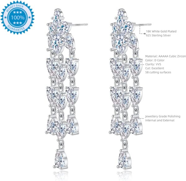 Wedding Earrings for Brides, Silver Earrings for Women, 18K White Gold Plated Sterling Silver Post Cubic Zirconia Dangle Earrings, Clear Crystal Hypoallergenic Chandelier/Tassel Earrings - Image 2