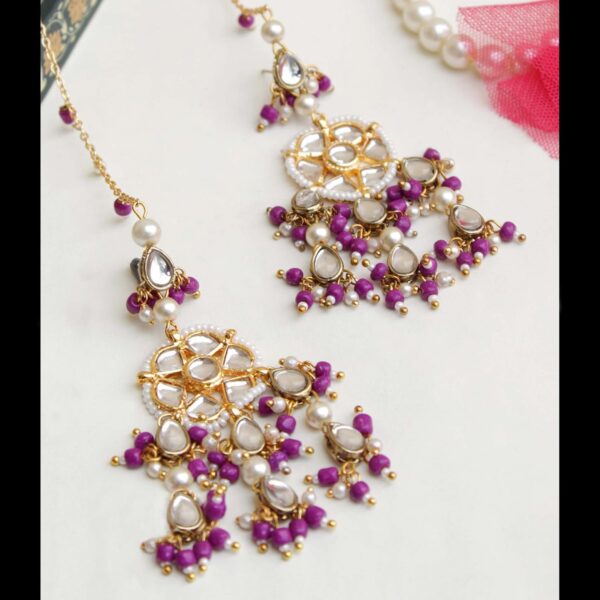 Women Golden Blue Purple Kundan Kanauti Earrings Handmade Indian Designer Long Chain Over The Earrings Kundan Dangling Earrings (Purple Kundan Kanauti Earrings) - Image 2