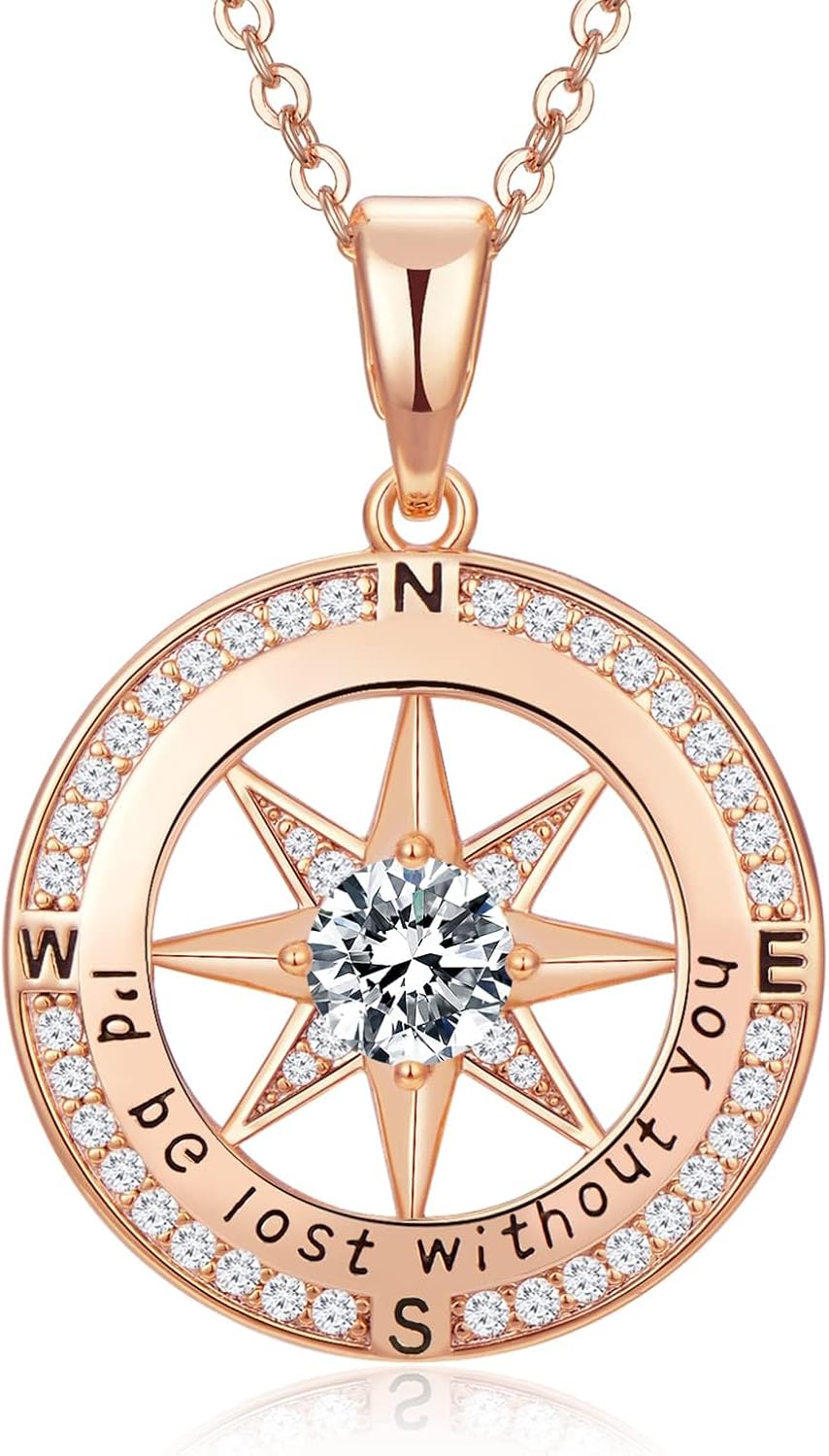 Rose Gold Compass Necklace for Women I'd Be Lost Without You Diamond Compass Pendant Jewelry For Her Girlfriend Mothers Day Gifts for Mom Wife Anniversary Valentines Day Birthday Gift for Wife