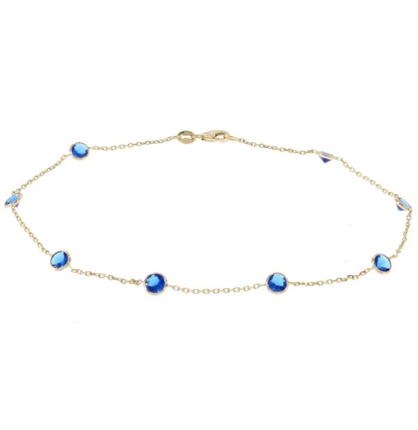 14K Yellow Gold Station Anklet With Sapphire 4mm Blue Cubic Zirconia 9-11 Inch (9.5 Inches)