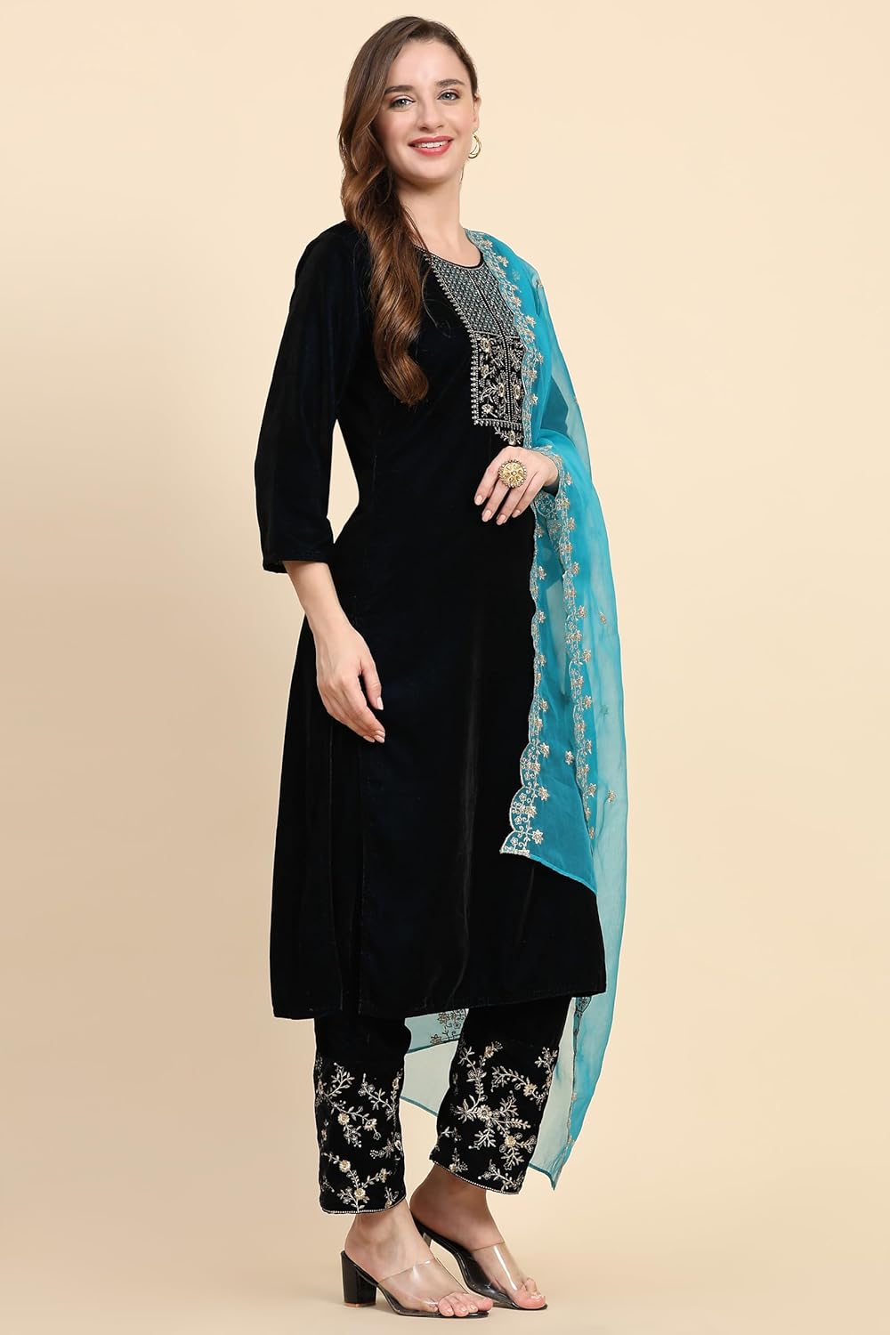 TRENDMALLS Women's Velvet Embroidery Salwar Suit Set Kurta Pant with Dupatta - Image 4