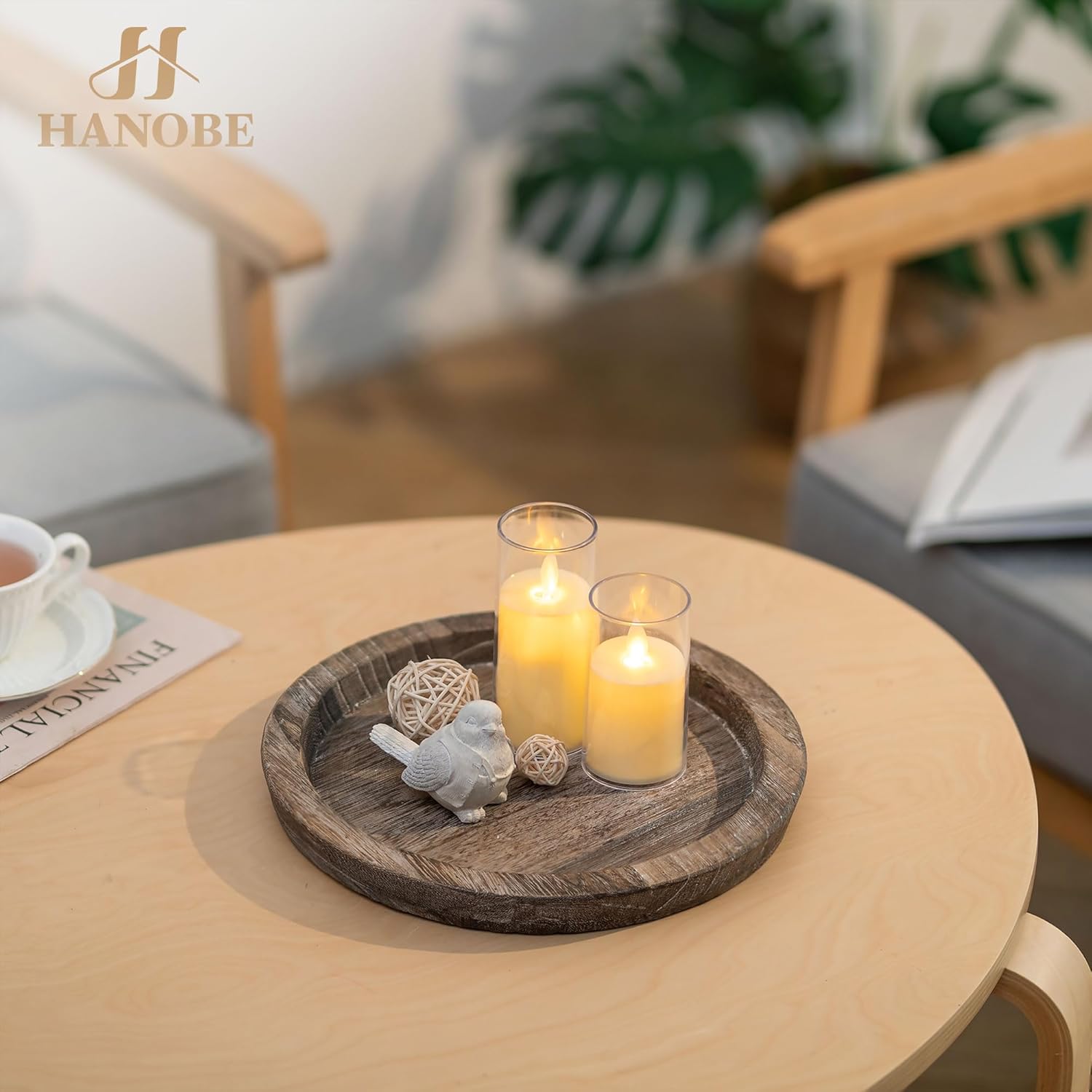 Hanobe Candle Plate Holder Tray: Round Wooden Decorative Candle Plate Small Farmhouse Table Centerpiece Rustic Wood Tealight Pillar Trays for Christmas Wedding Halloween Home Decor - Image 6