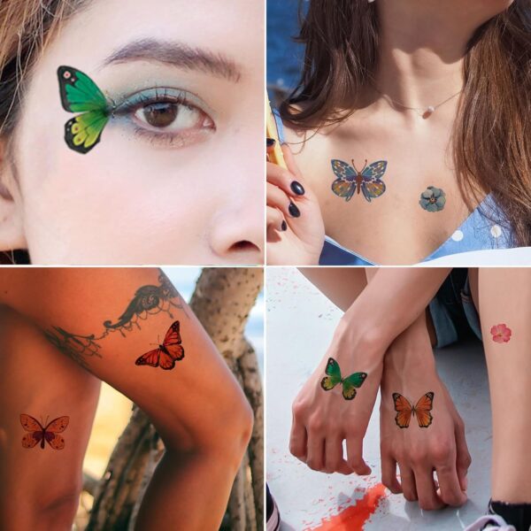 100Pcs Butterfly Temporary Tattoos for Kids Women Girls, Fake Colorful Butterflies Wings Flower Tattoo Stickers Art Waterproof for Face Body Arm Birthday Party Favors Makeup Supplies Gifts - Image 3