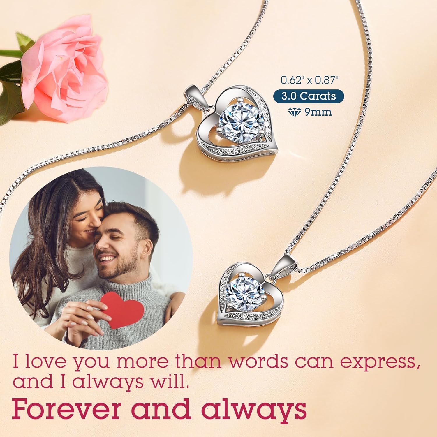 Heart Pendant Necklace Gifts for Wife, Engraved 'I LOVE YOU' Gift for Wife, 1-3 Carat Moissanite Necklace, Anniversary Eternity Jewelry Present for Wife, Birthday Gifts for Women - Image 5