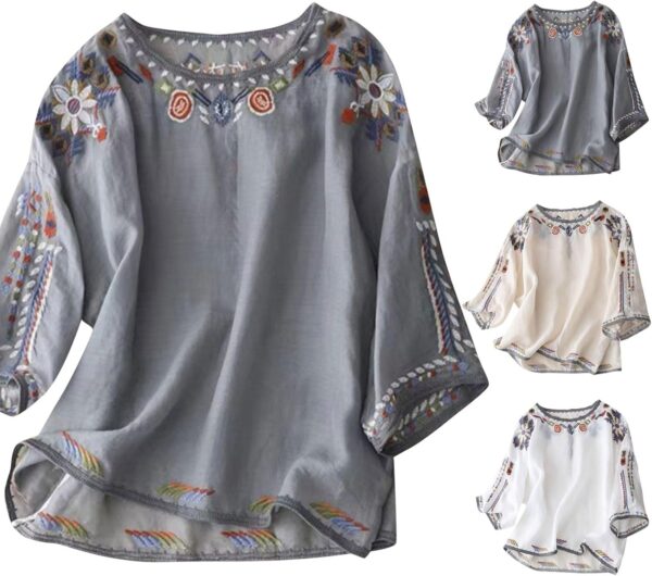 Womens Mexican Tops and Blouses Summer Embroidered Short Sleeve T-Shirt Vacation Round Neck Cotton Linen Tees, Black - Image 3
