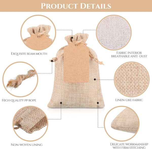 Woanger 100 Pcs Burlap Gift Bags with 100 Pcs Kraft Paper Gift Tags with Drawstring Favor Bags Bulk Small Burlap Sack Bags Pouches for DIY Thanksgiving Fall Party Craft(Light Brown,4 x 6 Inch) - Image 3