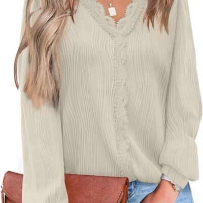 JUSTFASHIONNOW Blouses for Women Dressy Casual Lace V Neck Business Casual Work Tops Womens Long Sleeve Shirts Trendy Outfits