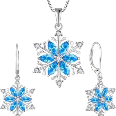 STARCHENIE Snowflake Necklace Earrings 925 Sterling Silver Created Aquamarine Blue Snowflake Jewelry Set for Women