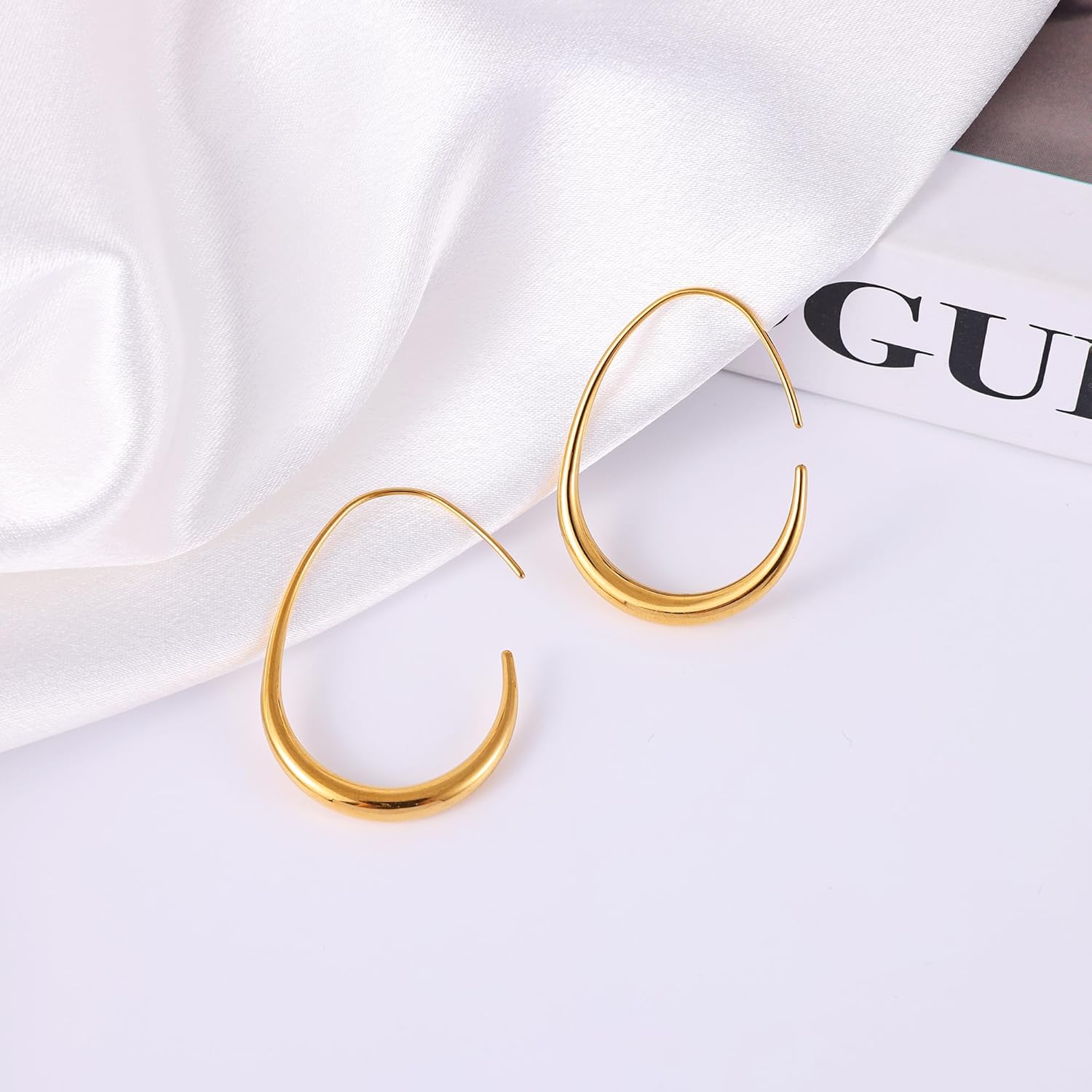 Gacimy Teardrop Hoop Earrings for Women, 14K Gold Plated Oval Pull Through Hoop Earrings for Women, Gold Drop Hoop Earrings for Women - Image 5