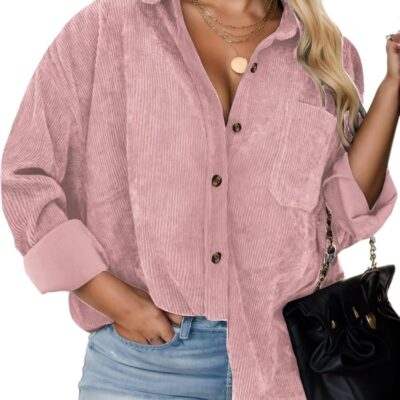 Plus Size Shackets for Women Fashion Fall Outfits Corduroy Shirts with Pockets Casual Long Sleeve Button Down Blouse Tops