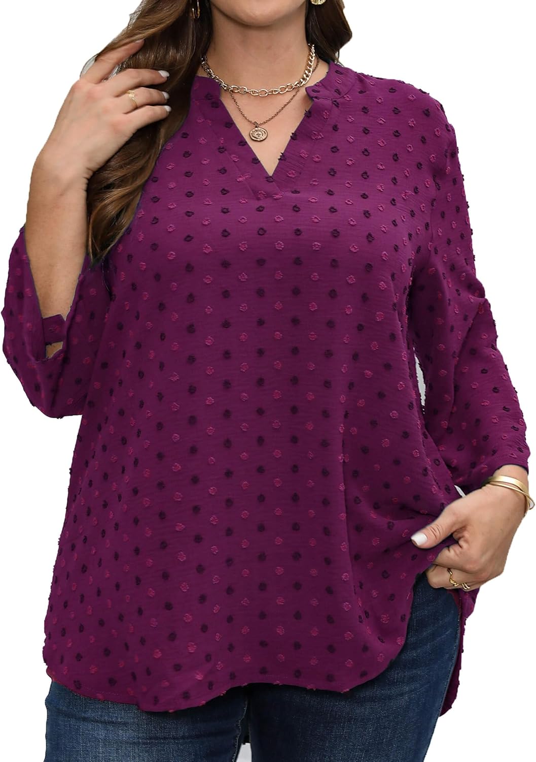 Plus Size Swiss Dot Blouses for Women Casual 3/4 Length Sleeve Tops