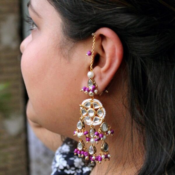 Women Golden Blue Purple Kundan Kanauti Earrings Handmade Indian Designer Long Chain Over The Earrings Kundan Dangling Earrings (Purple Kundan Kanauti Earrings) - Image 3