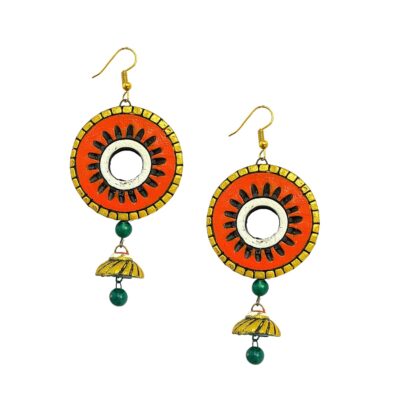 Ethnic Handmade Handcrafted Terracotta Attractive Indian Jhumki Earring Jewellery Set for Women hook earrings (ORANGE ROUND)