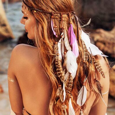 Boho Feather Headbands Gypsy Headpiece Bohemian Hippie Headband Indian Hair Band Long Feather Hair Accessories for Women and Girls