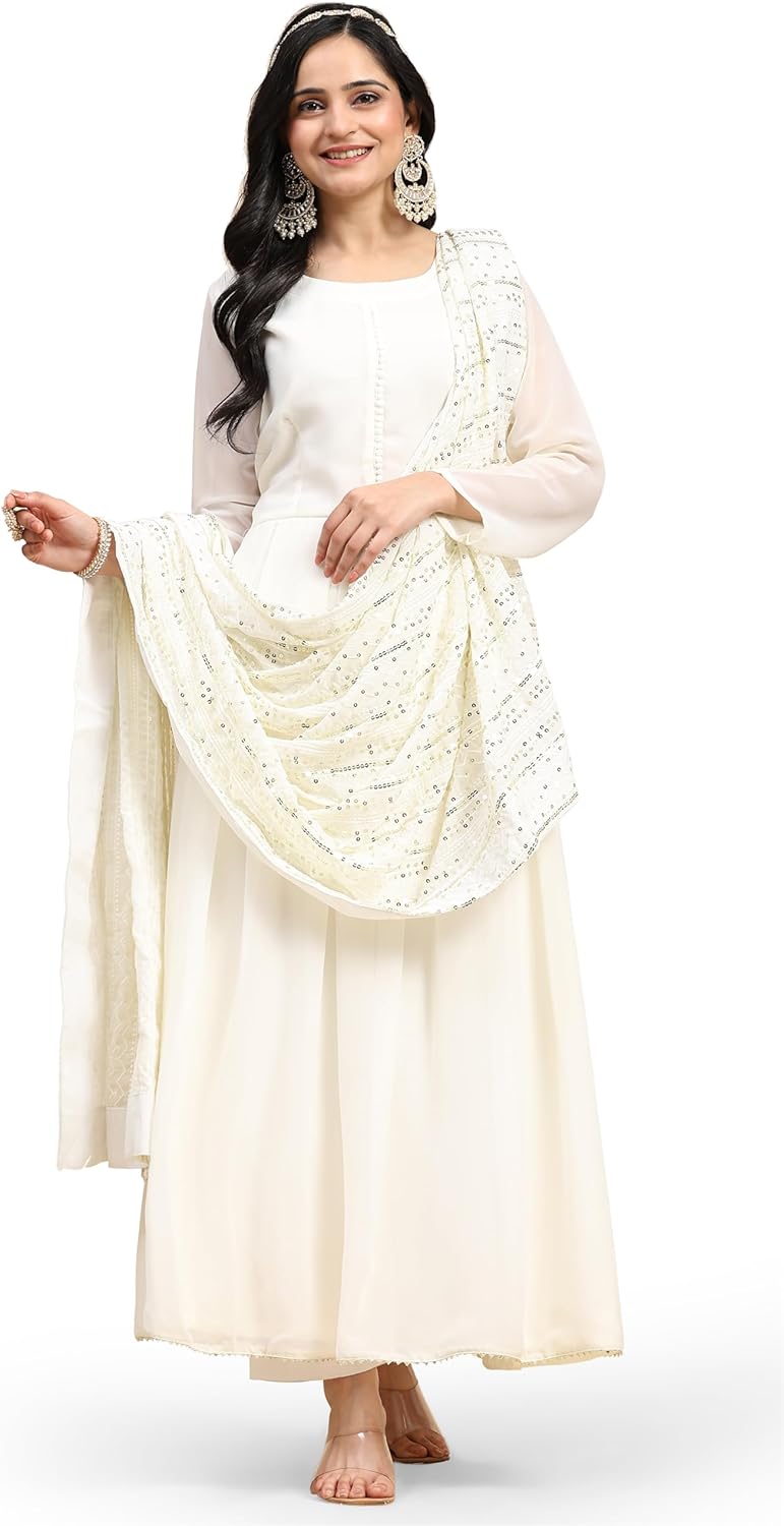 TRENDMALLS Women's Georgette Anarkali Kurta Pant with Embroidery Dupatta White