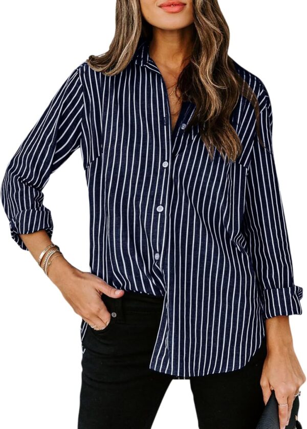 siliteelon Womens Button Down Shirts Cotton Striped Dress Shirt Long Sleeve Collared Office Work Blouses Tops