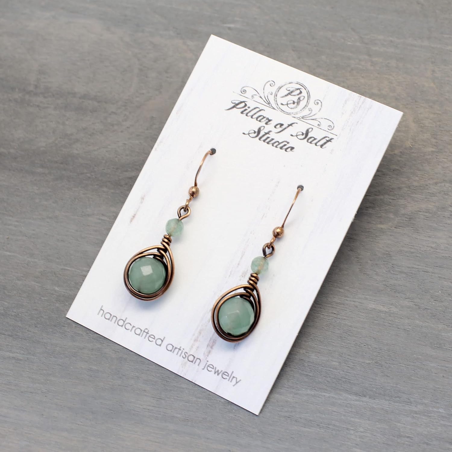 Handcrafted Solid Copper Earrings with Green Aventurine Gemstone (Antiqued Copper, 1" drop) - Image 7