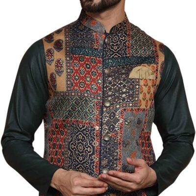 KISAH Men's Printed Cotton Nehru Jacket- Traditional Indian Waistcoat for Weddings & Festive Occasions