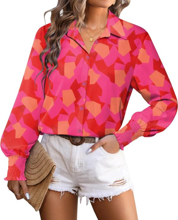 Zeagoo Women's Button Down Shirts Loose Fit Striped Printed Lantern Long Sleeve Blouses Smocked Cuff Business Work Fall Tops