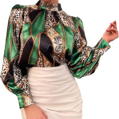 OYOANGLE Women's Long Sleeve Elegant Mock Neck Blouse Classic Office Print Casual Top Shirt
