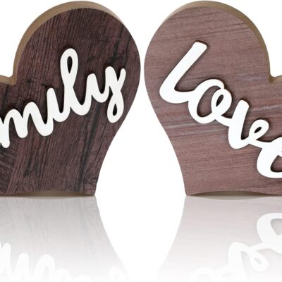 Jetec 2 Pieces Heart Shaped Wooden Decor Sign Table Love Wooden Wedding Decoration Rustic Home Love Sign Wooden Table Centerpiece for Home Kitchen Living Room Bedroom Office Table Decor