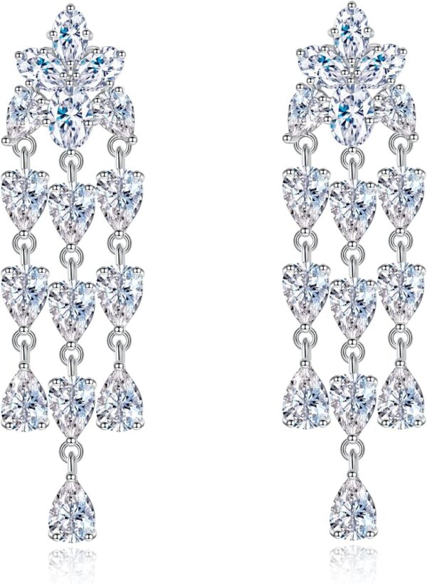 Wedding Earrings for Brides, Silver Earrings for Women, 18K White Gold Plated Sterling Silver Post Cubic Zirconia Dangle Earrings, Clear Crystal Hypoallergenic Chandelier/Tassel Earrings
