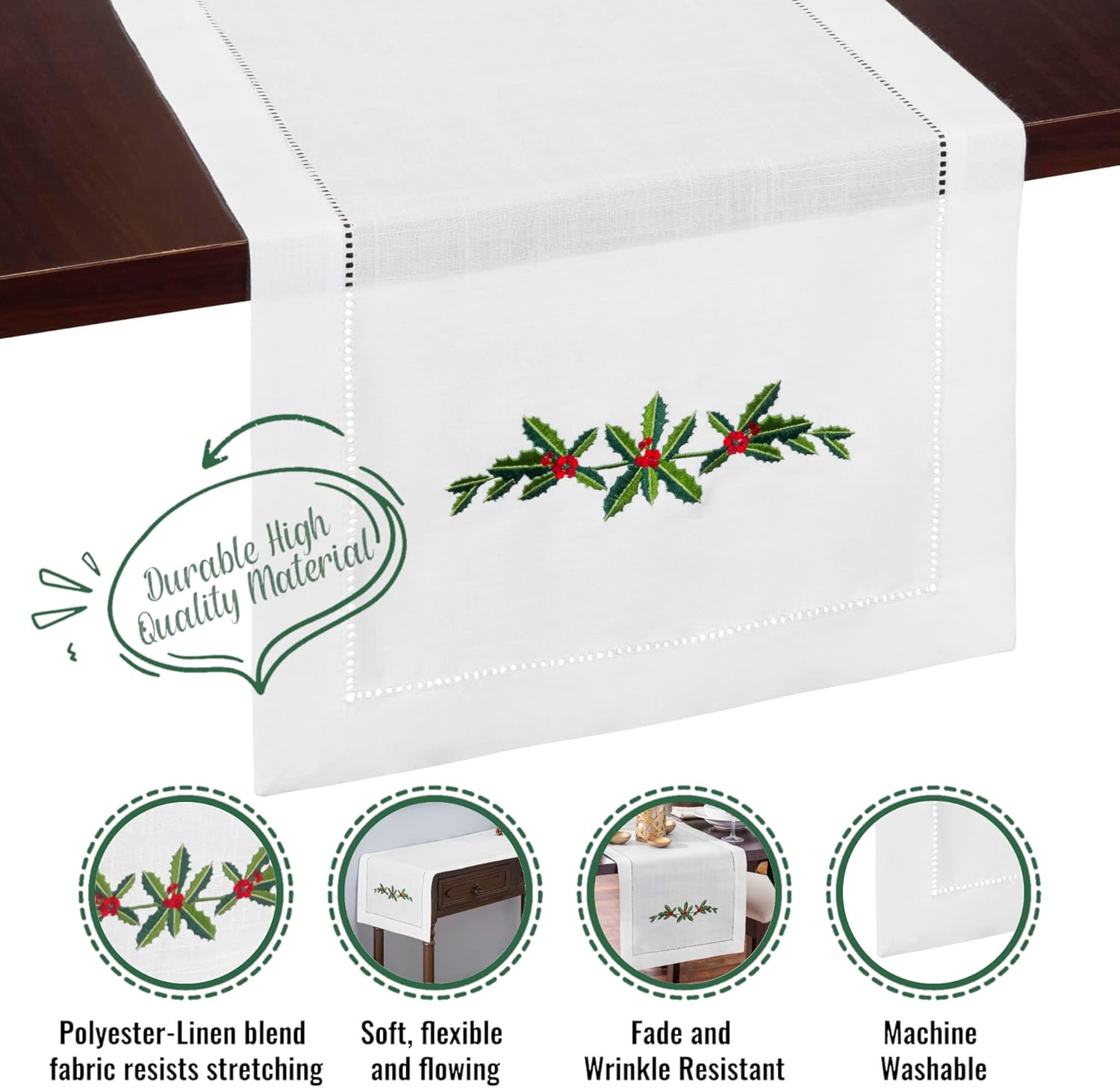 Holly Garland Embroidered White Christmas Table Runner - Ideal for Christmas Decor, White Christmas Decorations, Winterberry Holiday Decor and Winter Farmhouse Decor (14 x 108 Inches Long) - Image 6