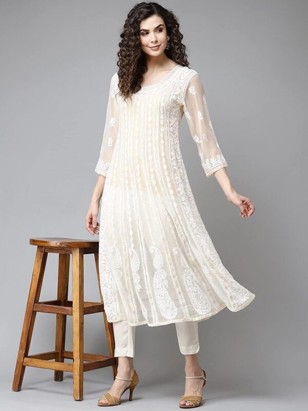 Ada Hand Embroidered Indian Chikankari Traditional Georgette Anarkali Kurta Kurti for Women A411207 - Image 5