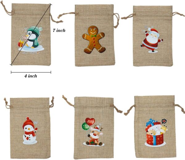 ARTLYMERS 24 Pack Christmas Jute Burlap Bags, Christmas Drawstring Gift Bags for Xmas Presents Holiday Party Favor Treats Candy, 6 Designs - Image 2