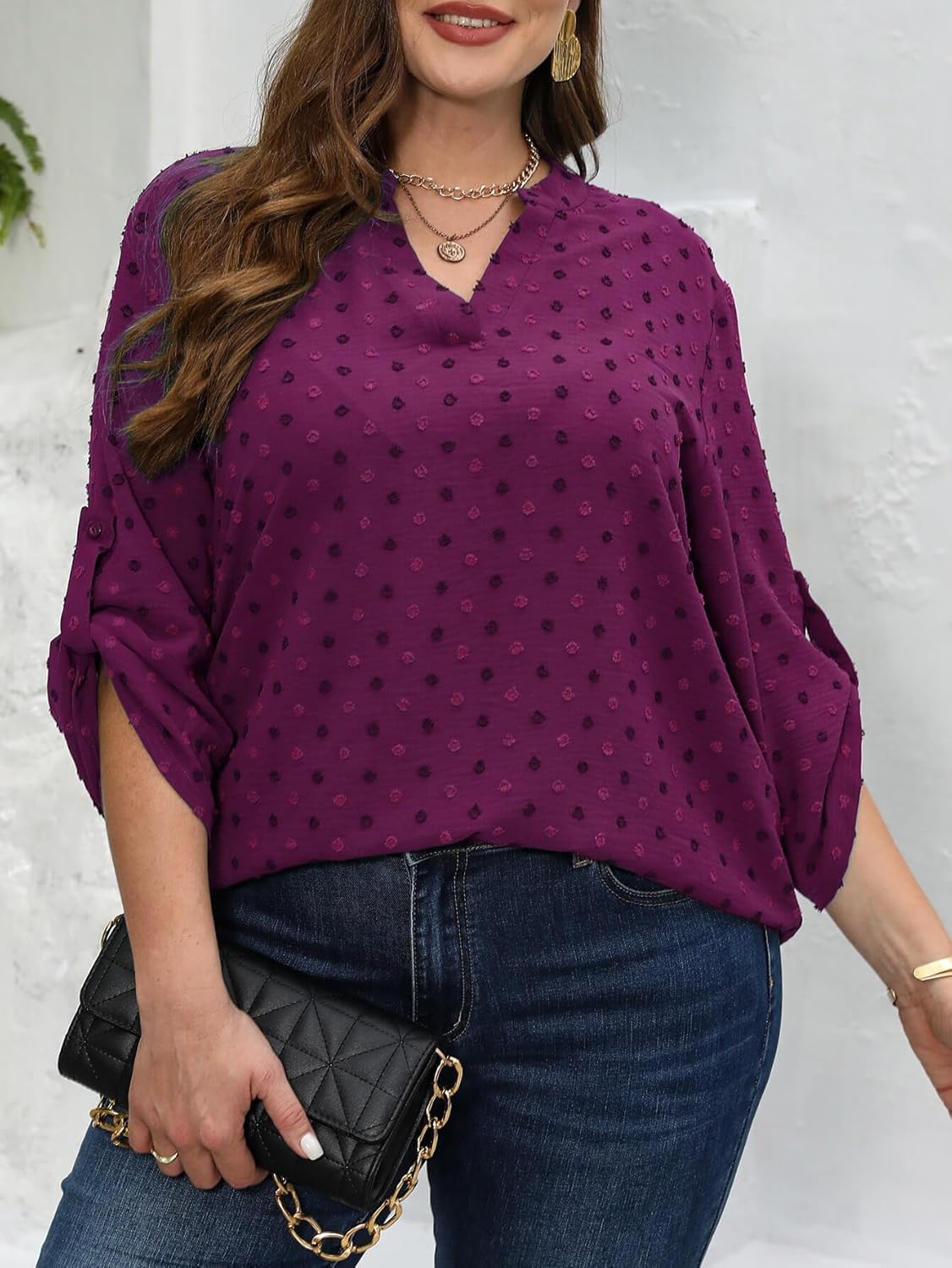 Plus Size Swiss Dot Blouses for Women Casual 3/4 Length Sleeve Tops - Image 3