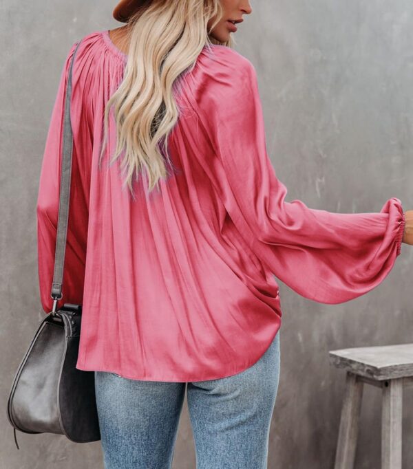 LAMISSCHE Womens Sexy Deep V Neck Blouse Lantern Long Sleeve Chiffon Shirt Oversized Drawstring Silk Satin Tunic - Image 5