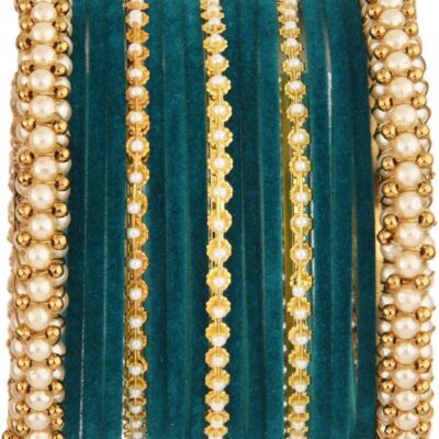 Efulgenz Pearl Bangle Bracelet Set Indian Bangles Set Faux Pearl Metal Blue Bangles Ball Beaded Bracelet With Plain Velvet Bangles Party Wedding Bollywood Jewelry for Women.