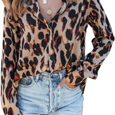 Mutitop Button Down Shirts for Women Dressy Casual Blouses V Neck Printed Boho Long Sleeve Collared Tunic Chiffon Tops