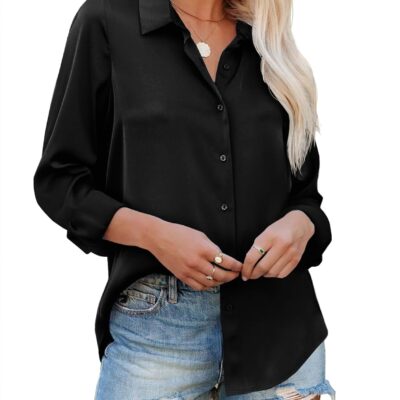 Zeagoo Blouses for Women Silk Button Down Shirts Casual Loose Long Sleeve Satin Top Business Work Tunic