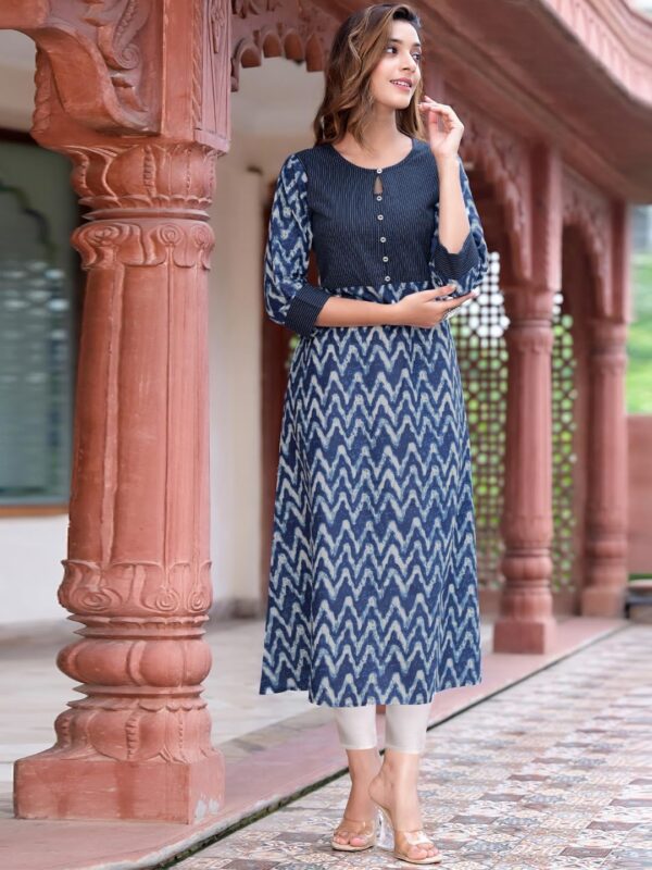 Yash Gallery Women's Cotton Kantha Chevron Calf Length 3/4 Sleeve Indian A-Line Kurta Dresses - Image 2