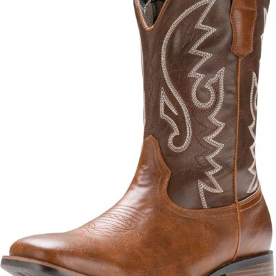 IUV Cowboy Boots For Men with Wide Square Toe Western Retro Boot Durable Classic Fashionable Embroidered Pull On Slip Resistant Boots