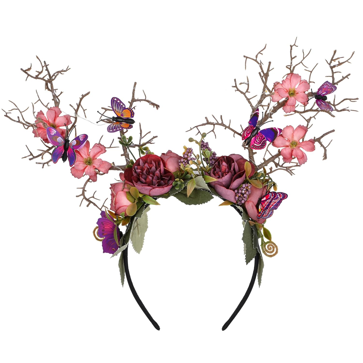 MOSTORY Purple Flower Branch Headband - Light up Woodland Hairband with Butterfly Forest Antler Headpiecde for Women Renaissance Faire Cosplay Halloween Prom