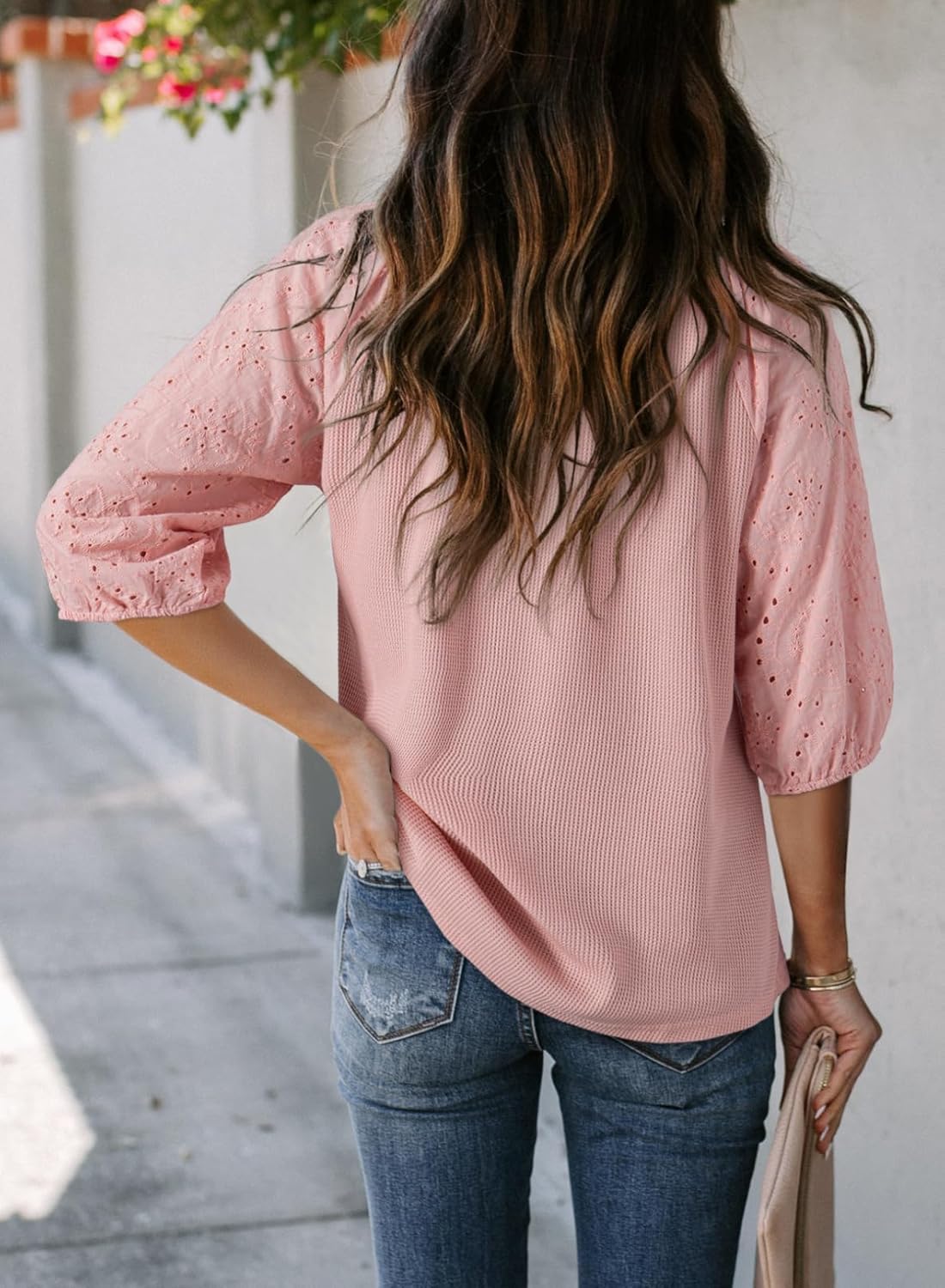 Dokotoo Womens Tops V Neck Dressy Casual Embroidered Blouses Waffle Knit 3/4 Sleeve Shirts - Image 2