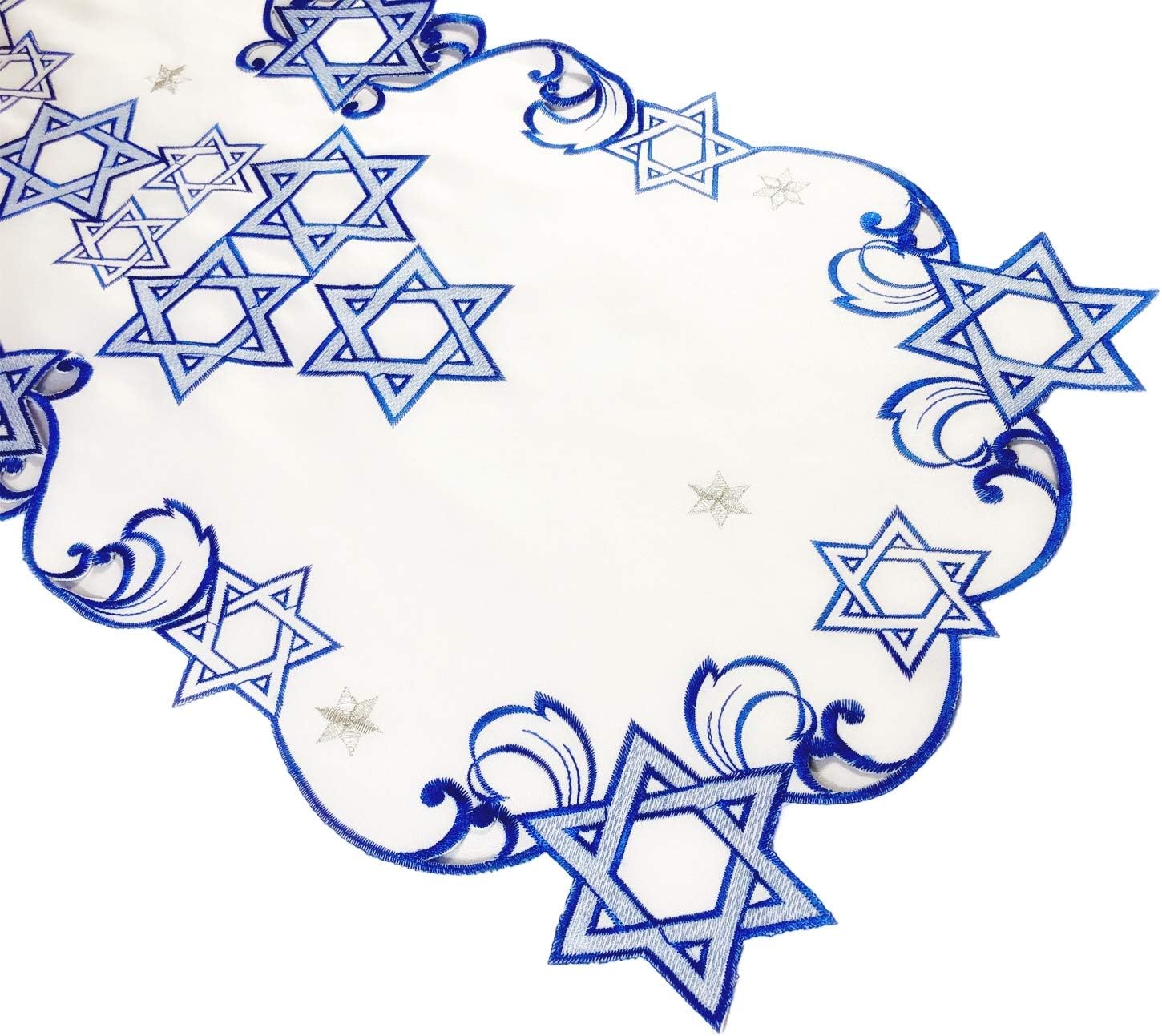 Holiday Star of David Purim Passover Jewish Table Runner Topper Blue Embroidered Cut Work Topper Linen Decorations (16" x 36") - Image 2