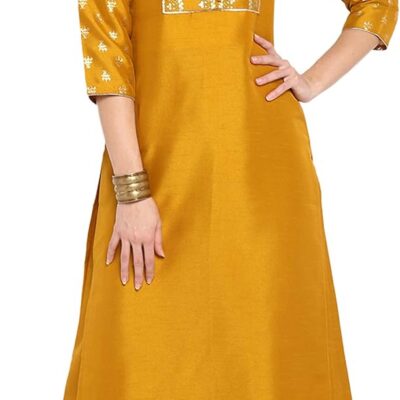 Janasya Indian Women's Mustard Yoke Printed Poly Silk Kurta with Palazzo