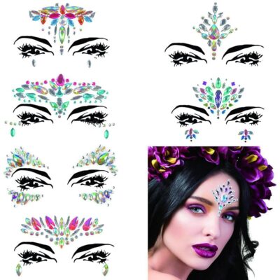 Mermaid Face Gems Glitter, 6 Packs Rhinestone Face Jewels Festival Rave, Self-adhesive Face Eyes Eyebrow Bindi Tears Body Rainbow Jewel Crystal Acrylic Diamond Temporary Tattoo Stickers
