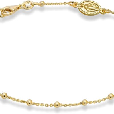 Miabella 925 Sterling Silver or 18Kt Yellow Gold Over Silver Italian Rosary Cross Bead Charm Link Chain Anklet for Women, Made in Italy