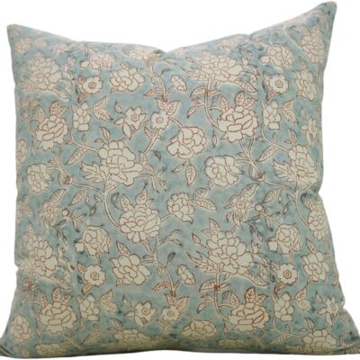 Handmade Block Print Cotton Satin 20"X20" Throw Pillowcase Cushion Cover, Home Décor, Living Room, Sustainable for Sofa and Couch, Fall Decoration, Floral Printed, Mrignayani, Blue